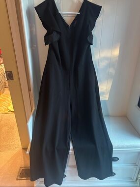 RACHEL Rachel Roy Black V-Neck Ruffled Wide-Leg Jumpsuit